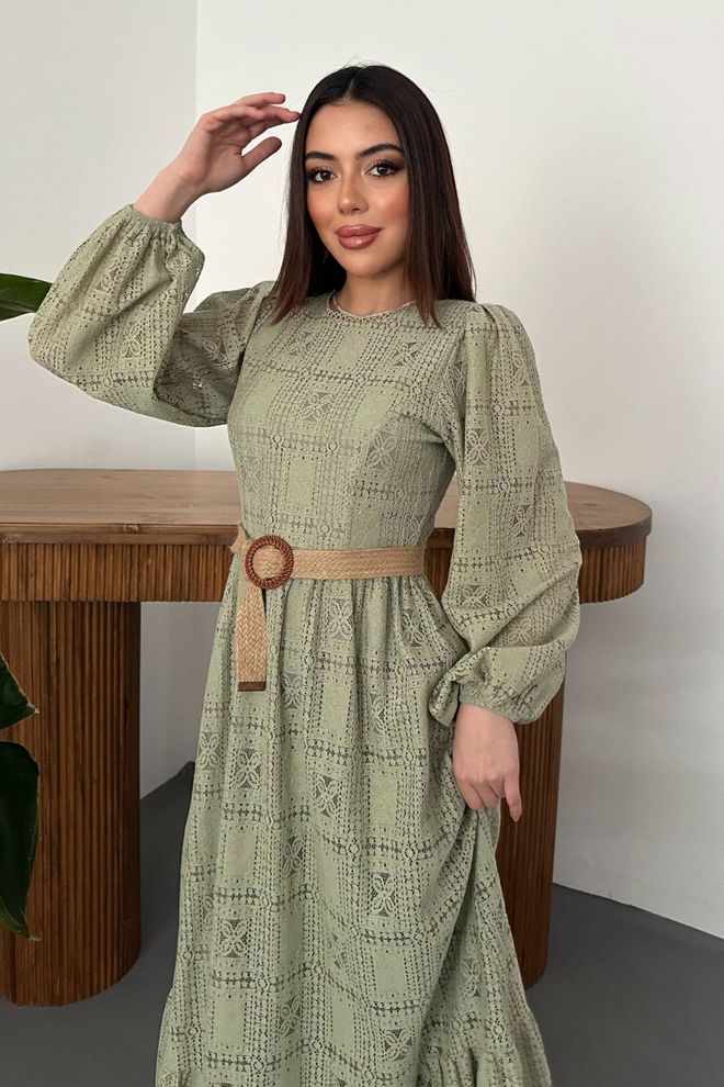 Elisa Khaki A Line Checkered Maxi Dress With Long Sleeves Wholesale Clothing Work