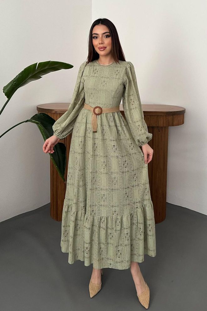 Elisa Khaki A Line Checkered Maxi Dress With Long Sleeves Wholesale Clothing Modest