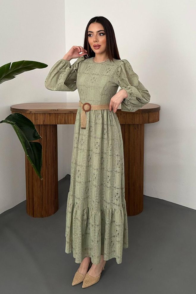 Elisa Khaki A Line Checkered Maxi Dress With Long Sleeves Wholesale Clothing 1