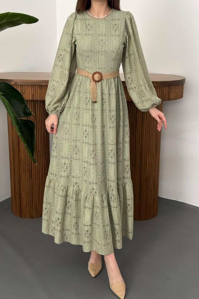 Elisa Khaki A Line Checkered Maxi Dress With Long Sleeves Wholesale Clothing Spring