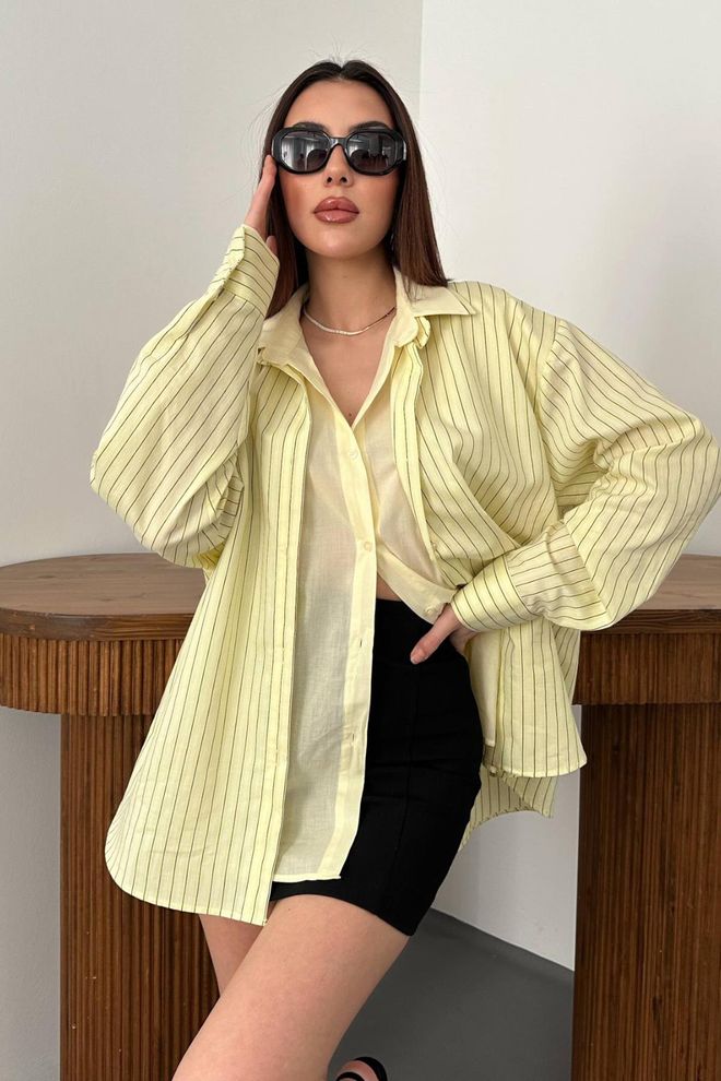 Elisa Yellow Striped Oversized Shirt With Shawl Collar Wholesale Clothing Casual
