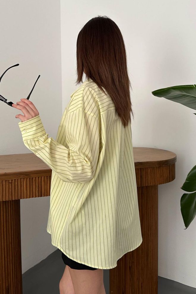 Elisa Yellow Striped Oversized Shirt With Shawl Collar Wholesale Clothing Spring