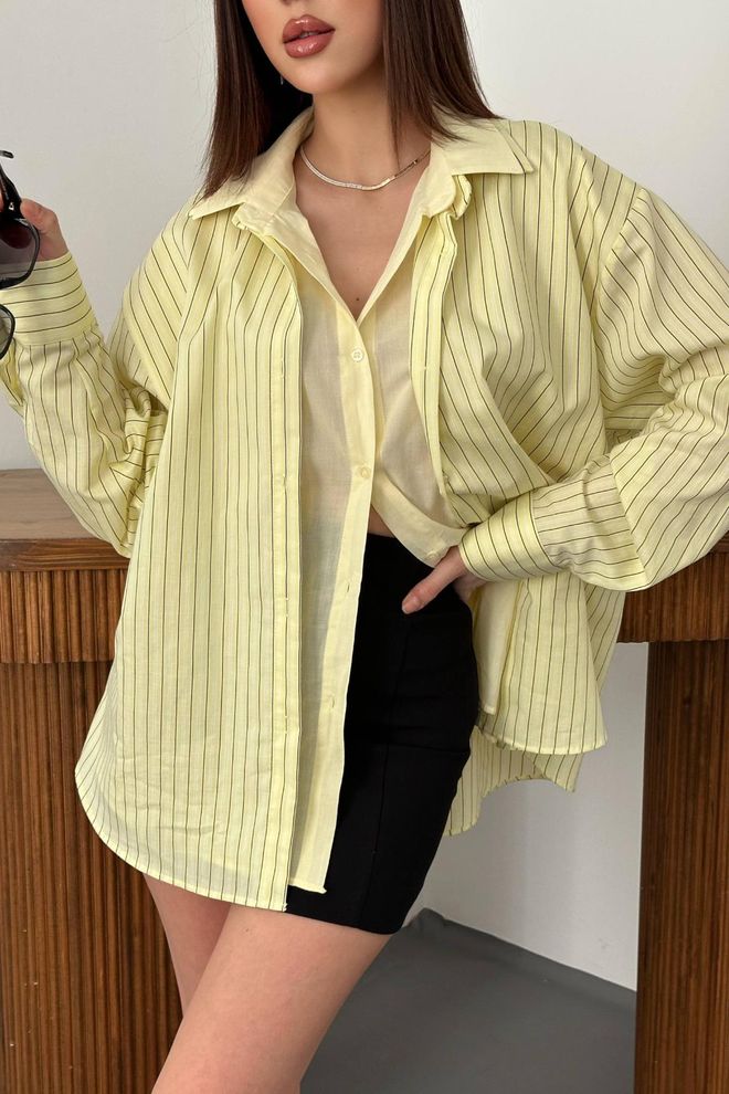 Elisa Yellow Striped Oversized Shirt With Shawl Collar Wholesale Clothing Lounge