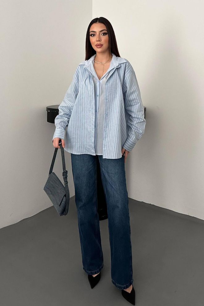 Elisa Blue Casual Preppy Elegant Striped Shirt Wholesale Clothing Lounge