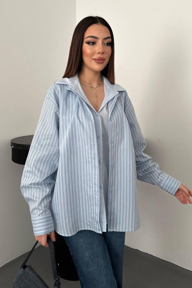 Elisa Blue Casual Preppy Elegant Striped Shirt Wholesale Clothing Casual