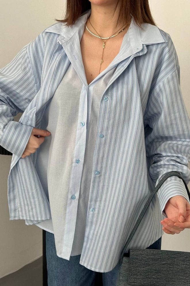 Elisa Blue Casual Preppy Elegant Striped Shirt Wholesale Clothing Spring