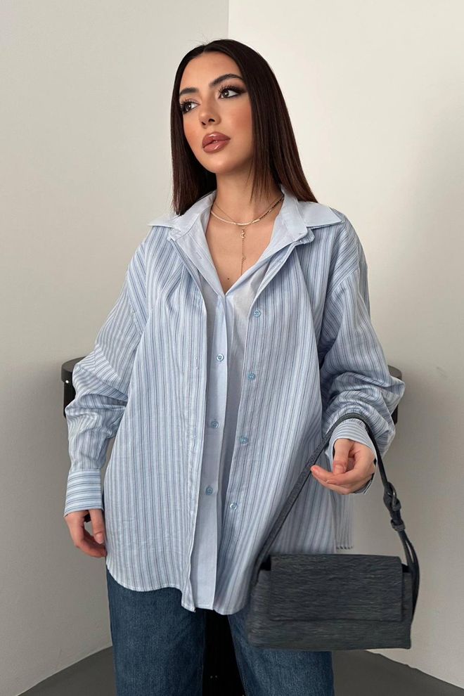 Elisa Blue Casual Preppy Elegant Striped Shirt Wholesale Clothing 1