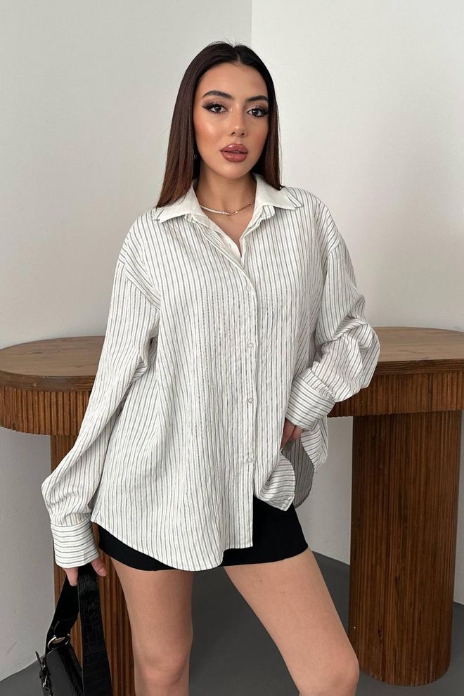 Elisa White Striped Notched Neck Oversized Fit Shirt Wholesale Clothing Casual