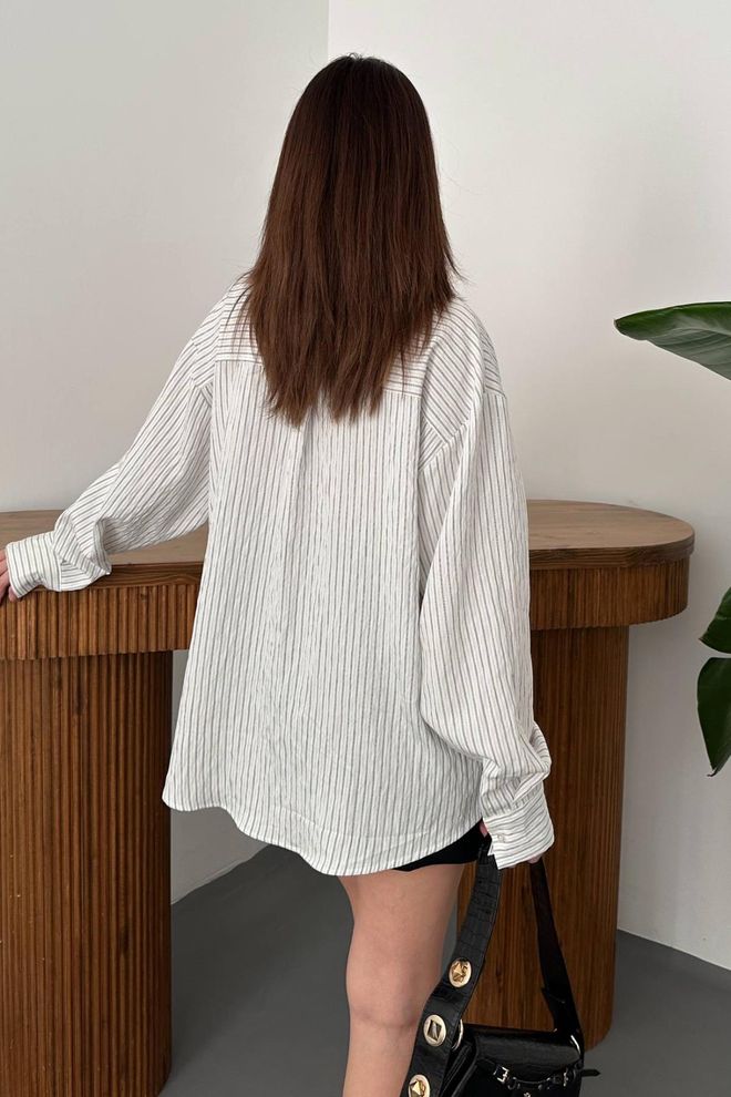 Elisa White Striped Notched Neck Oversized Fit Shirt Wholesale Clothing Formal
