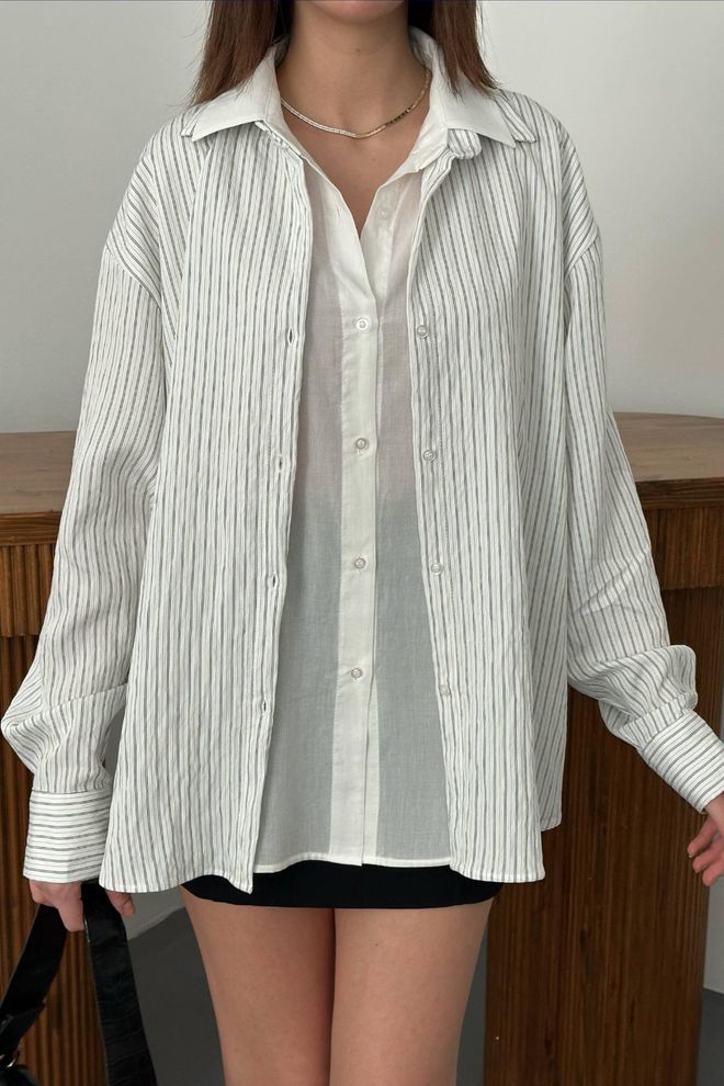 Elisa White Striped Notched Neck Oversized Fit Shirt Wholesale Clothing Spring