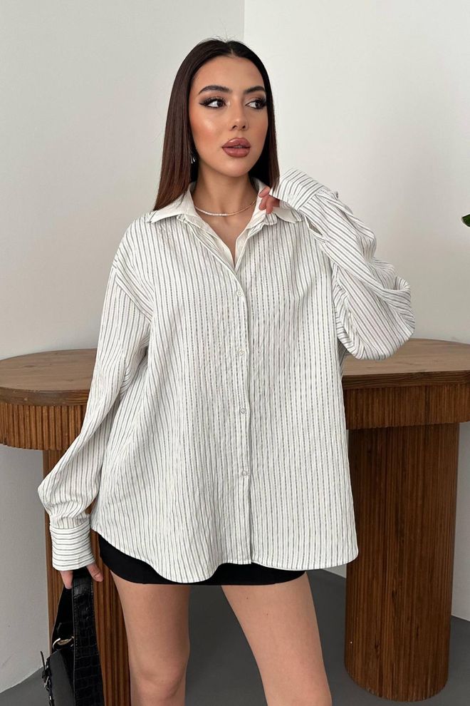 Elisa White Striped Notched Neck Oversized Fit Shirt Wholesale Clothing 1