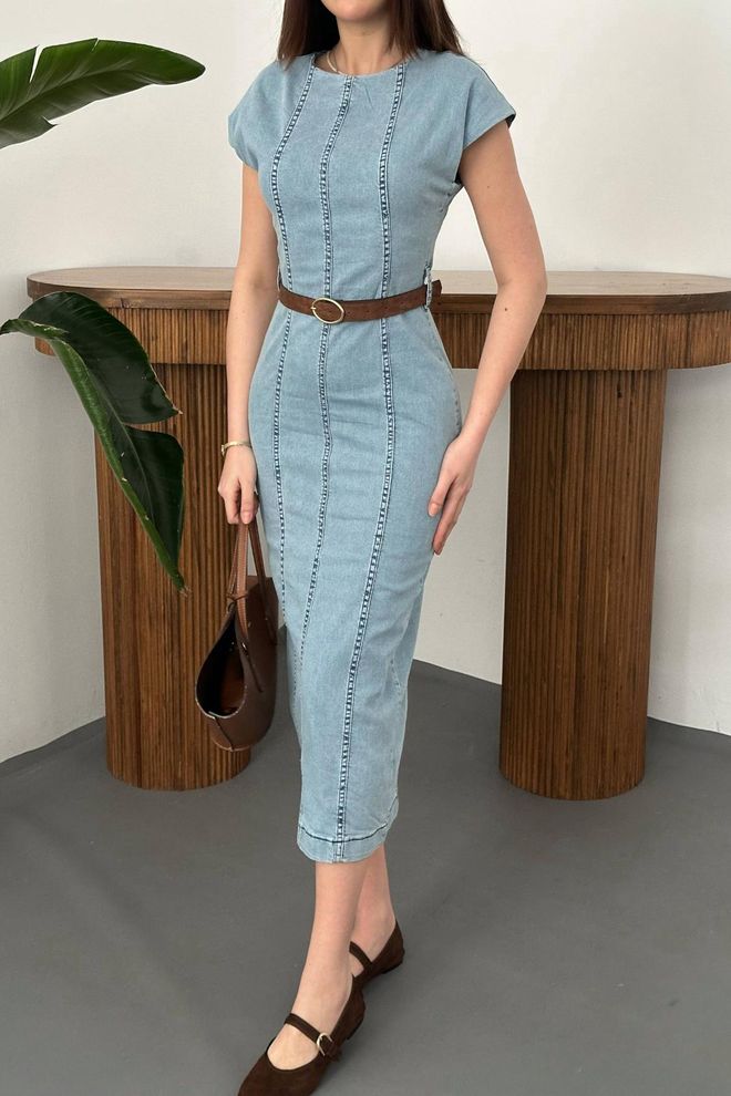 Elisa Blue Sheath Dress With Cap Sleeves And Round Neck Wholesale Clothing Spring