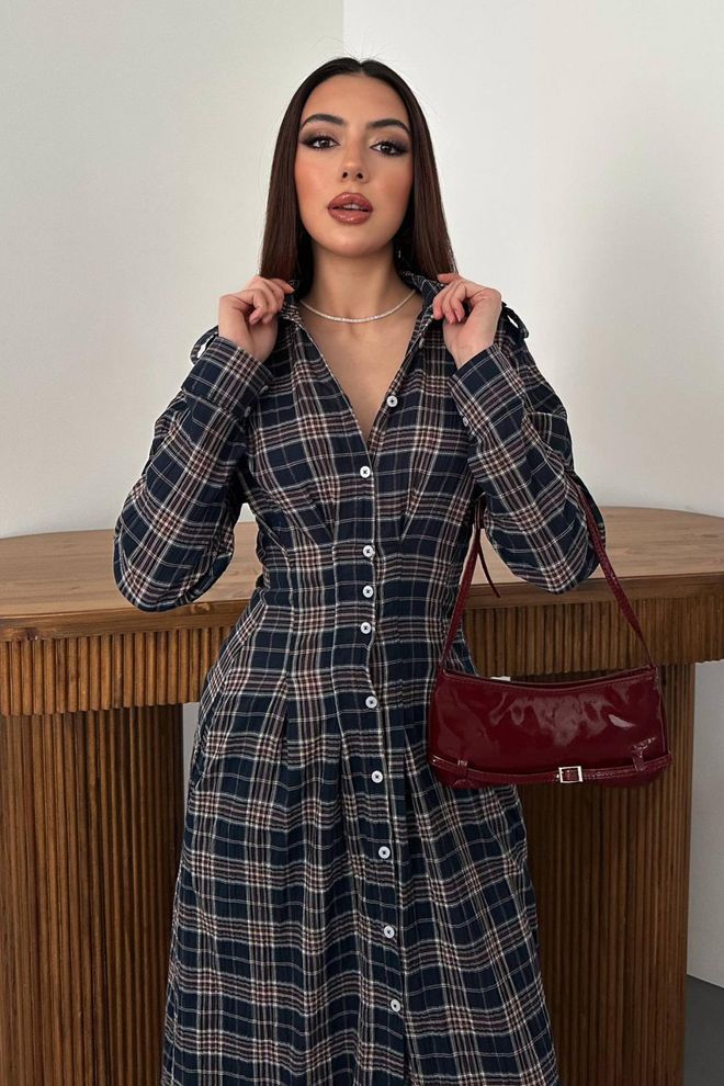 Elisa Navy Blue Plaid Maxi Shirt Dress With V Neck Wholesale Clothing Lounge