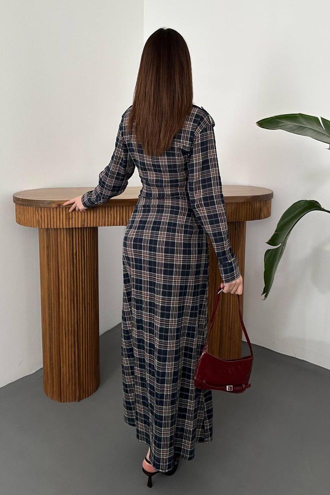 Elisa Navy Blue Plaid Maxi Shirt Dress With V Neck Wholesale Clothing Formal