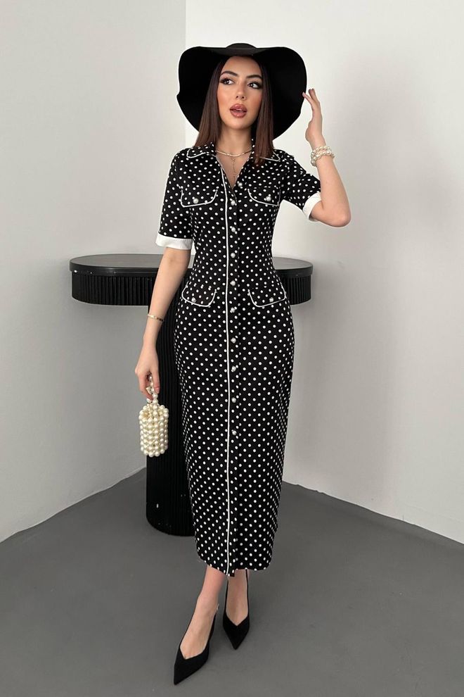 Elisa Siyah Puantiye Midi Gömlek Elbise Toptan Giyim Gündelik