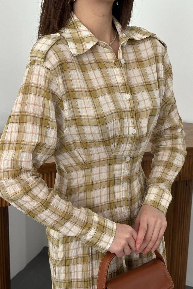 Elisa Beige Checkered Maxi Shirt Dress With Polo Neck Wholesale Clothing Spring