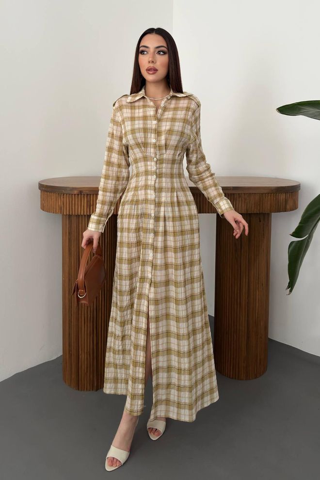 Elisa Beige Checkered Maxi Shirt Dress With Polo Neck Wholesale Clothing 1