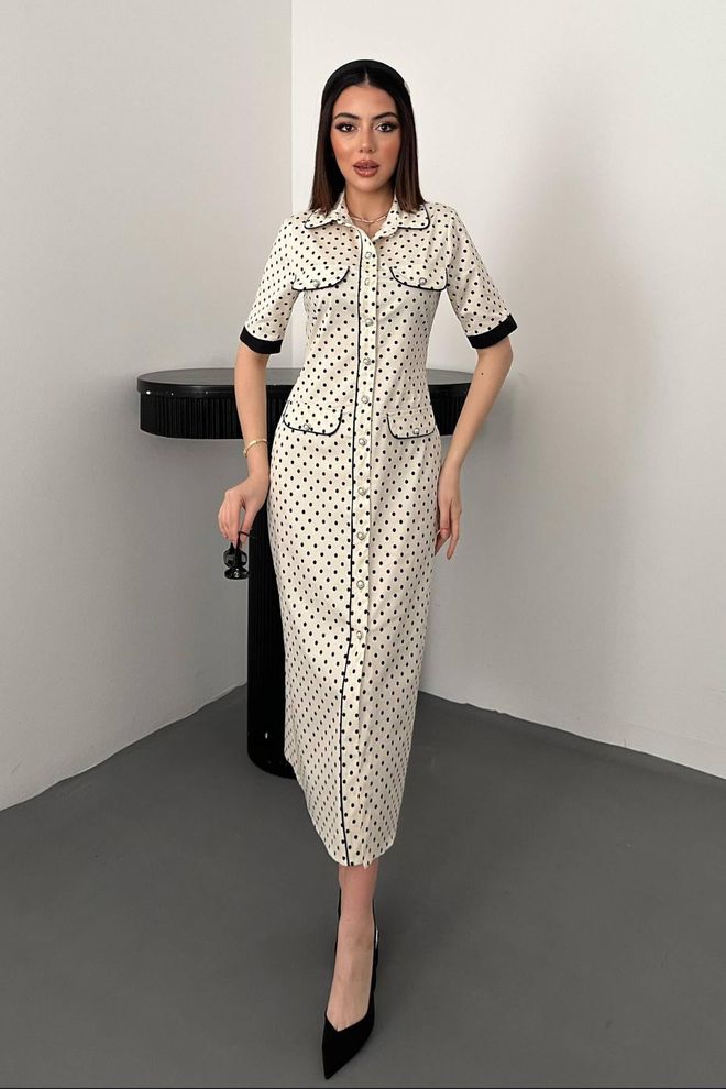 Elisa Beyaz Zarif Puantiyeli Gömlek Elbise Midi Şal Yaka Toptan Giyim Nostaljik