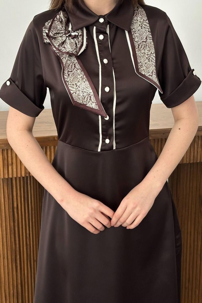 Elisa Rjav Eleganten Obleka Majica Midi Paisley Formalna Oblačila na debelo Pomlad