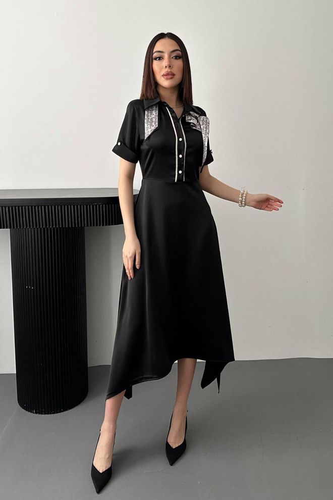 Elisa Eleganten Črn Srajčni Oblek Midi Z Zarezanim Vratom Oblačila na debelo 1