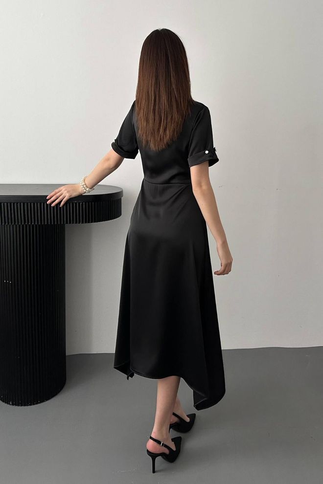 Elisa Eleganten Črn Srajčni Oblek Midi Z Zarezanim Vratom Oblačila na debelo Ležerno