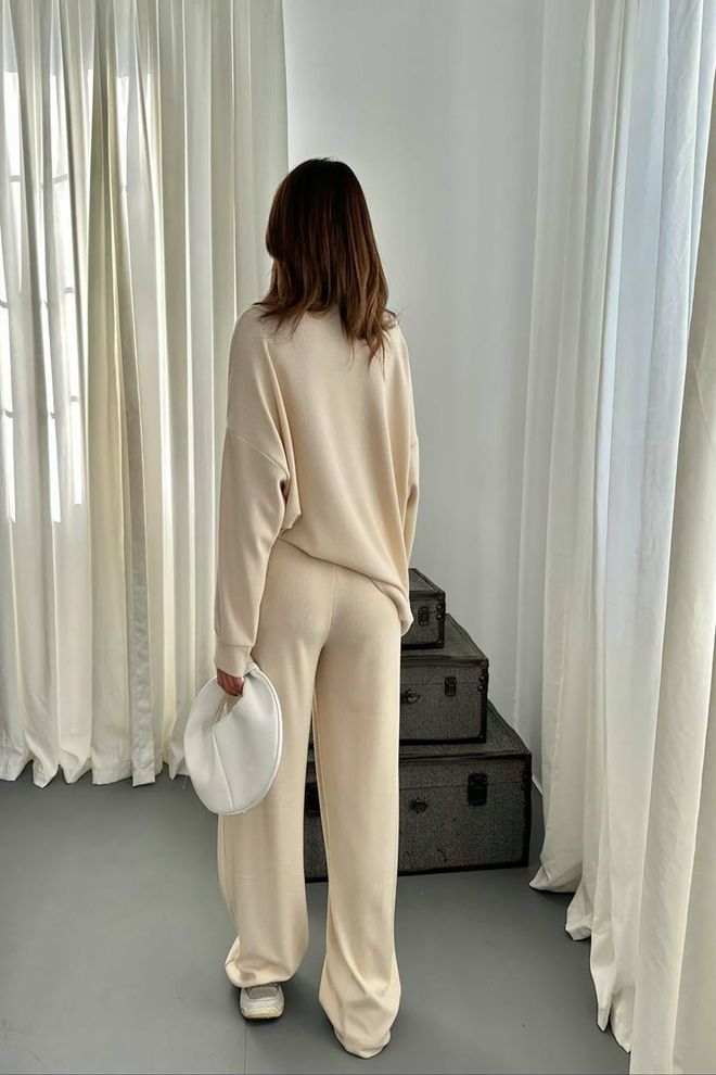 Elisa Ribbed Comfort Blouse & Trouser Suit Beige Wholesale Clothing Streetwear