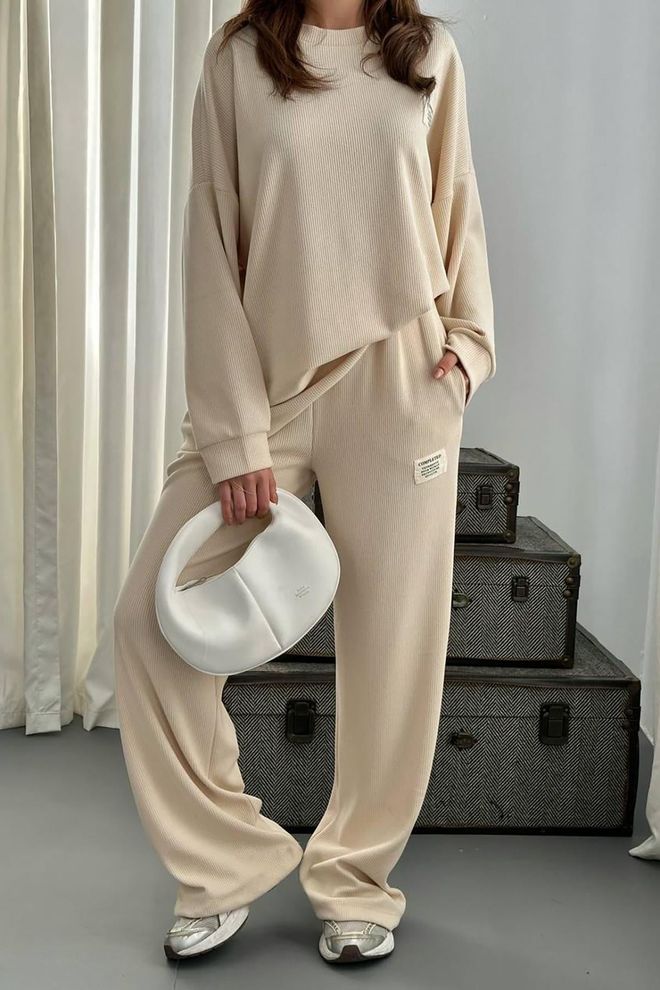 Elisa Ribbed Comfort Blouse & Trouser Suit Beige Wholesale Clothing Fall