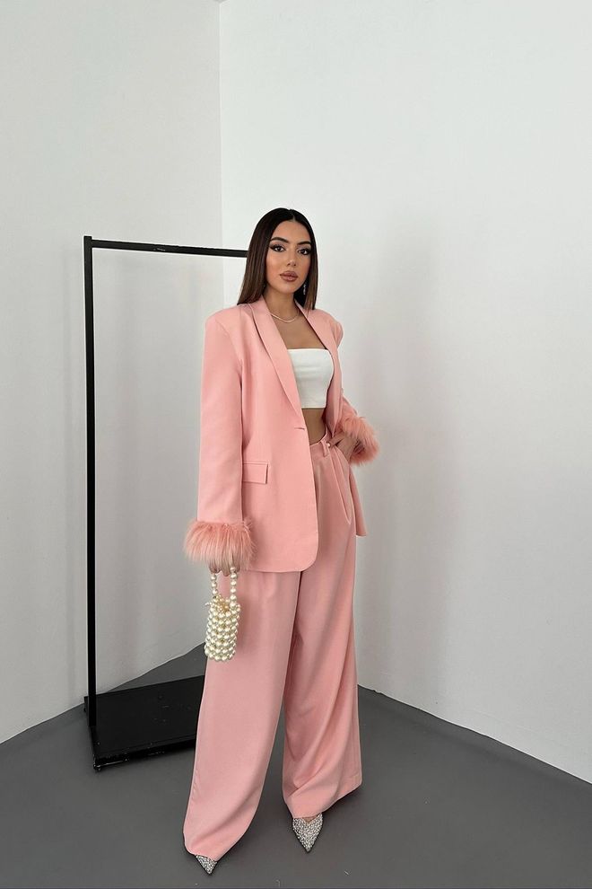 Elisa Feathered Sleeves Jacket & Trouser Suit Powder Wholesale Clothing Polyester