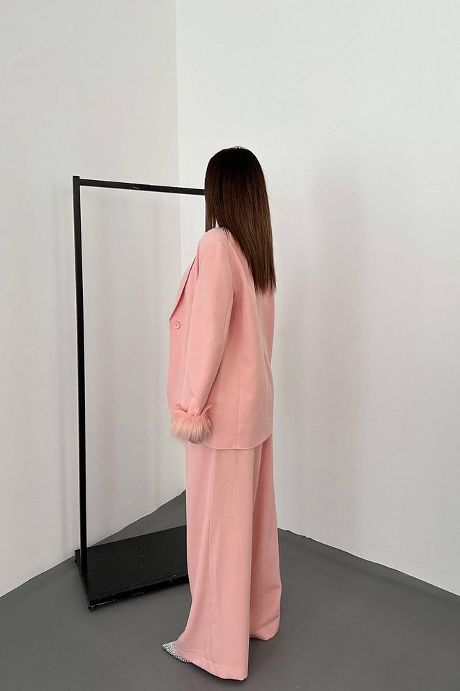 Elisa Feathered Sleeves Jacket & Trouser Suit Powder Wholesale Clothing Elegant