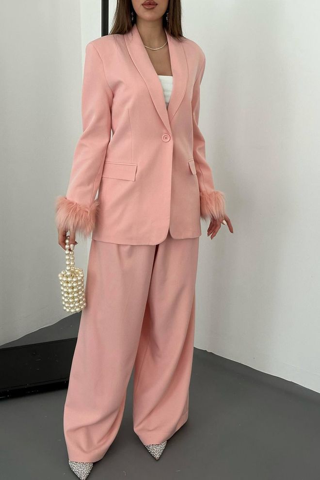 Elisa Feathered Sleeves Jacket & Trouser Suit Powder Wholesale Clothing Fall