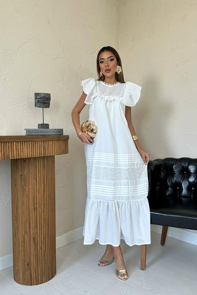 Elisa Ruffle Detailed And Pleated Dress White Wholesale Clothing Casual