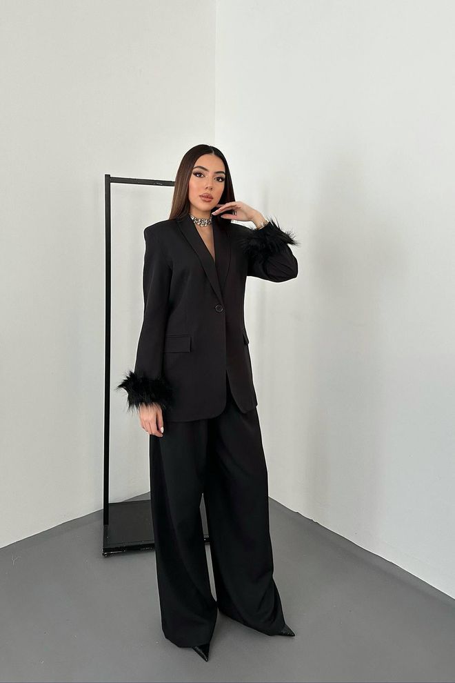 Elisa Súprava bundy a nohavíc s páperovými rukávmi čierna Veľkoobchod s oblečením Polyester