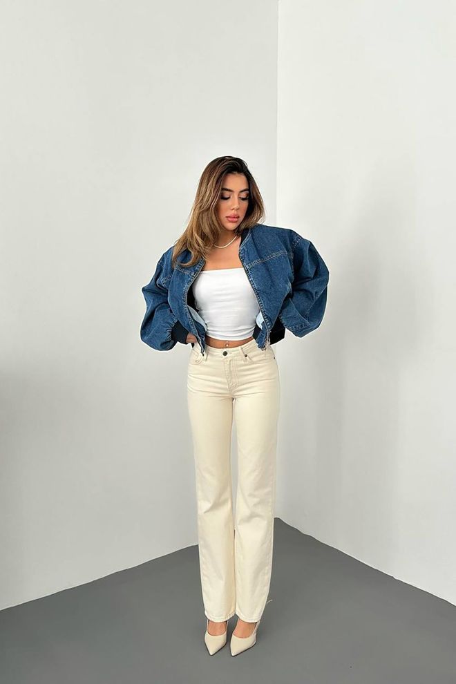 Elisa جاكيت بومبر من الدنيم أزرق ملابس بالجملة ملابس الشارع