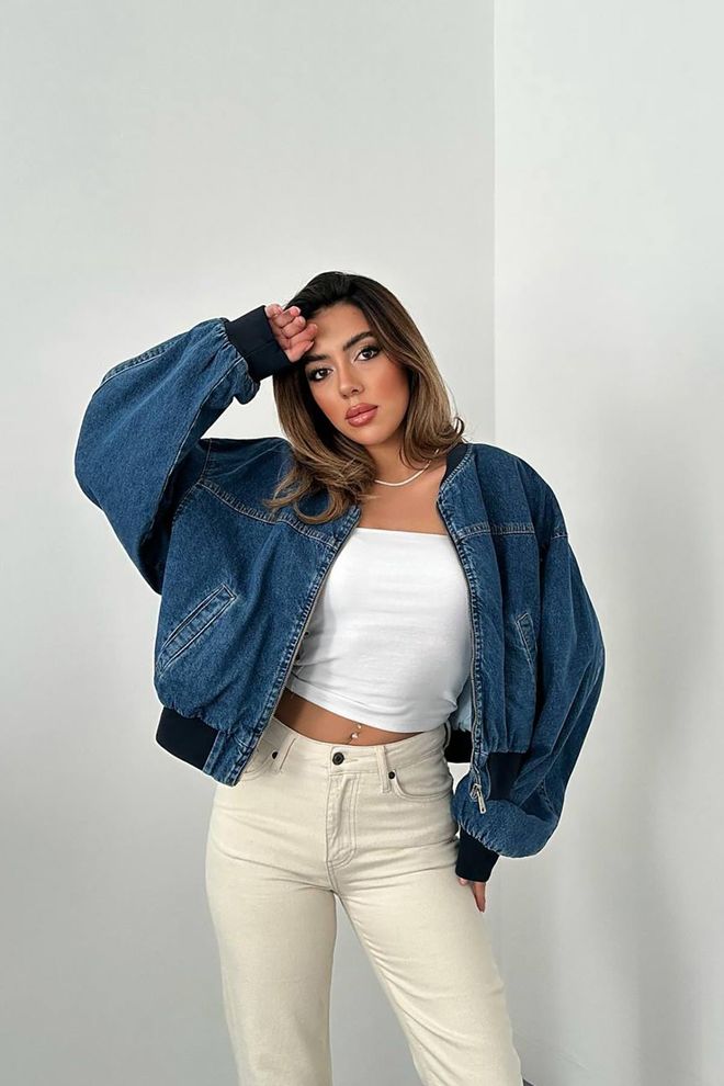 Elisa جاكيت بومبر من الدنيم أزرق ملابس بالجملة البوليستر