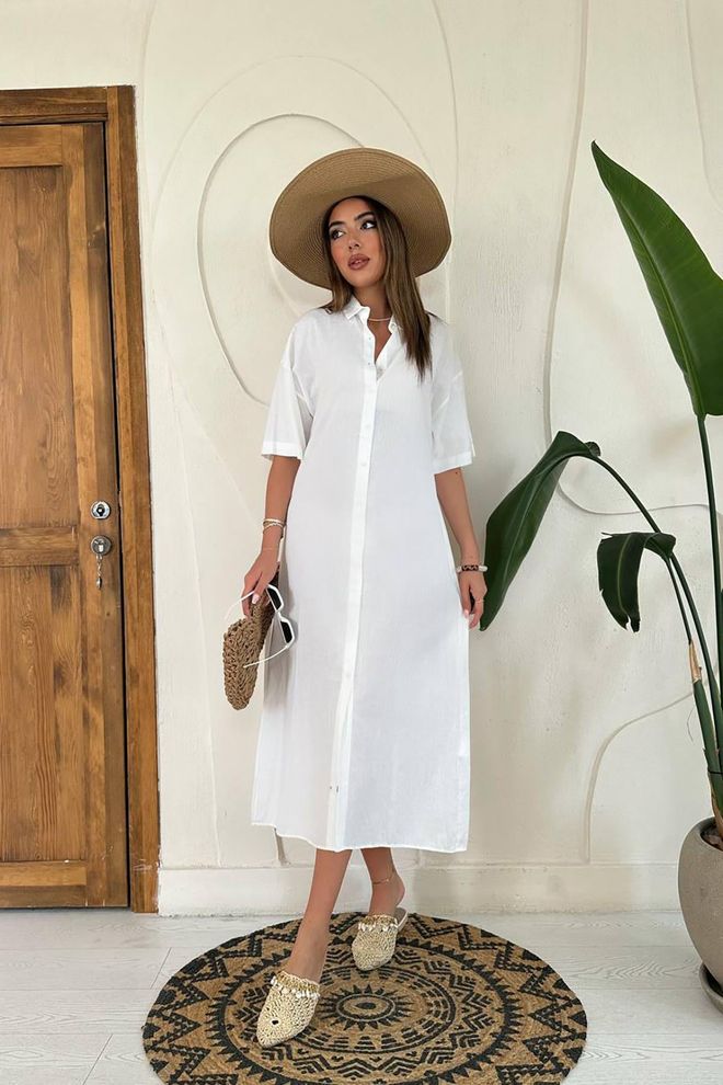 Elisa Vestido Manga Curta em Linho Branco Roupas por atacado Casual