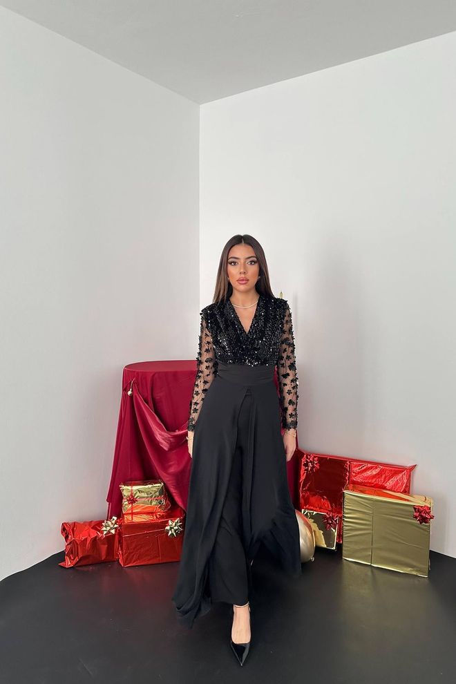 Elisa Jumpsuit met mouwen van tule en rok Zwart Groothandel Kleding Elegant