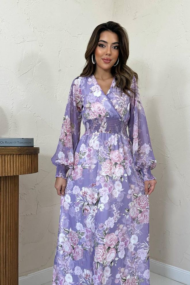 Elisa Gimped Chiffon Dress Lilac Wholesale Clothing Fall
