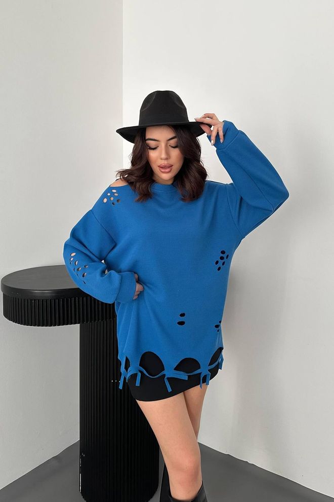 Elisa Lasergesneden blouse Blauw Groothandel Kleding Casual