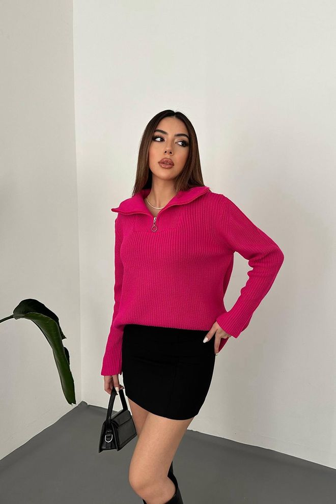 Elisa Gebreide trui met ritssluiting en col Fuchsia Groothandel Kleding Casual