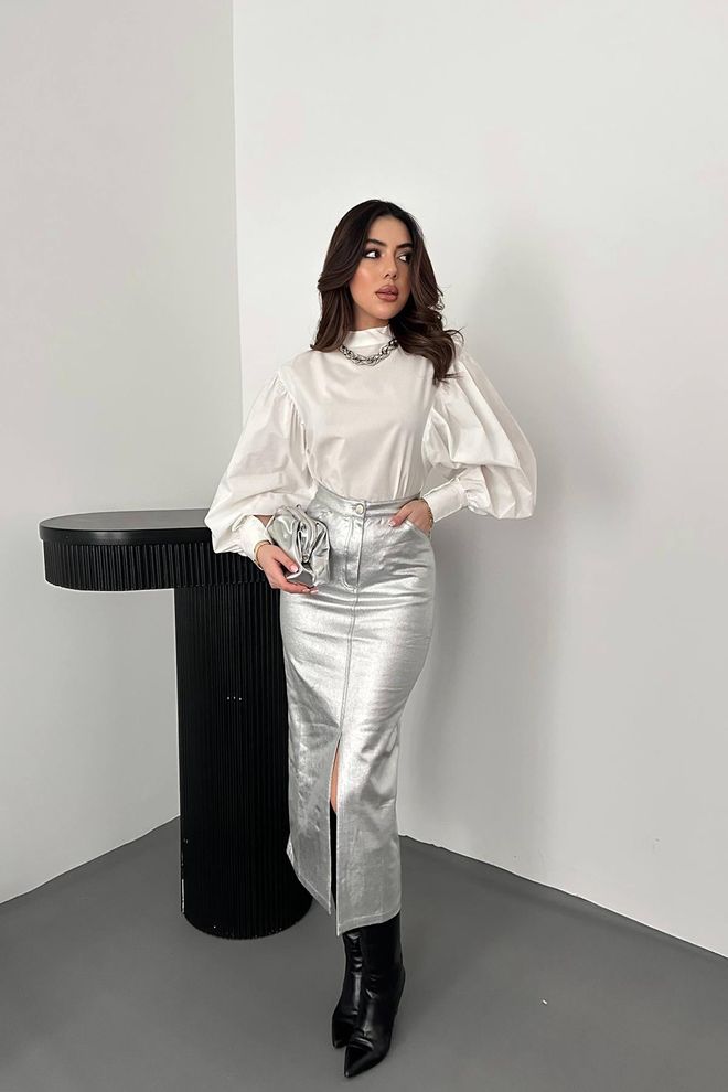 Elisa Gilded Gabardine Slit Skirt Silver Wholesale Clothing Casual