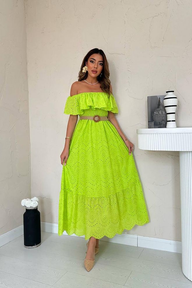 Elisa Abito Ricamato Con Spalle Elastiche Verde Petrolio Abbigliamento all'ingrosso Casuale