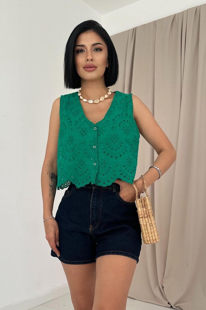 Elisa Blouse Met Borduursel Zonder Mouwen Groen Groothandel Kleding Casual