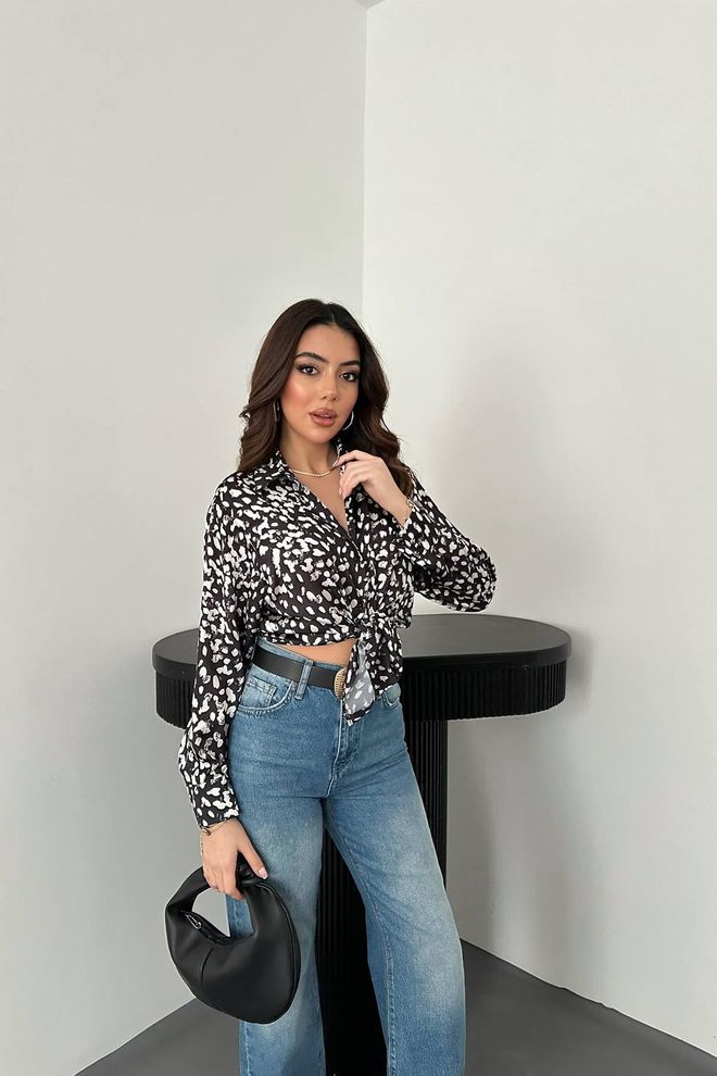 Elisa Leopard Print Satin Shirt Black Wholesale Clothing Casual