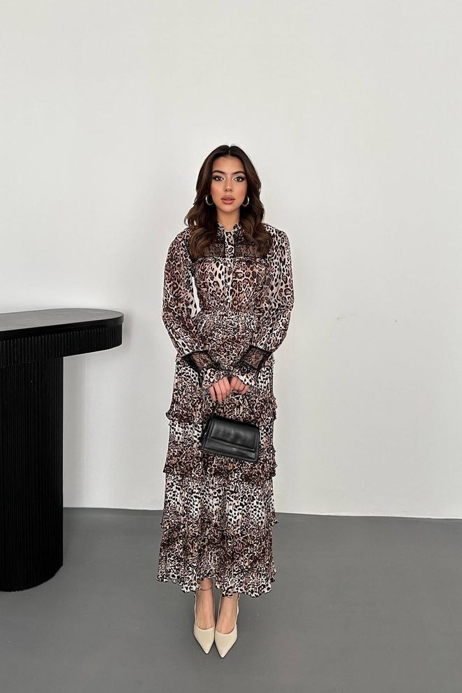 Elisa Abito Elastico Con Pieghe Dettagliate Leopardo Abbigliamento all'ingrosso Casuale