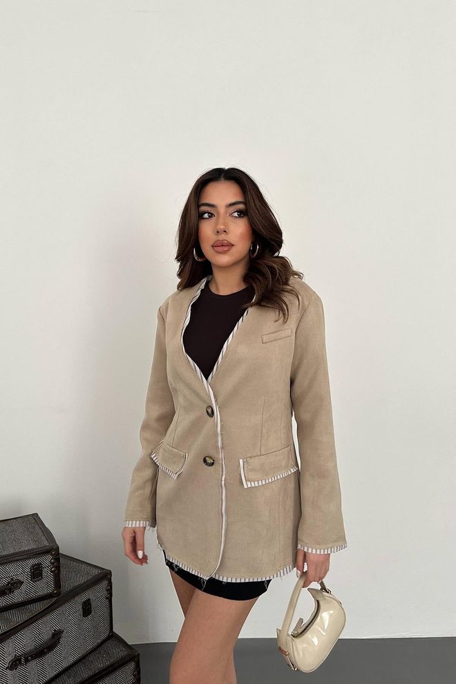 Elisa Jakna Od Prugaste Podstave Ukrašena Antilop Kožom Bež Veleprodaja odjeće Elegantan