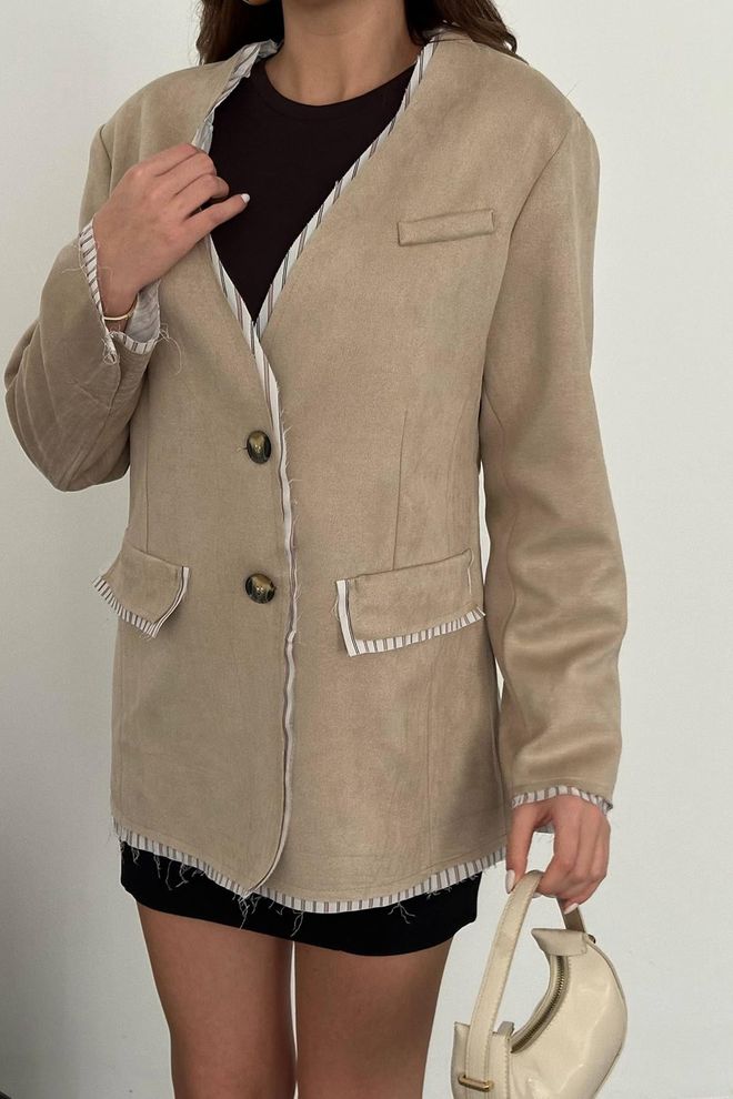 Elisa Striped Lined Garnished Suede Jacket Beige Wholesale Clothing Fall