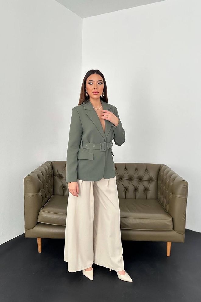 Elisa Jacket With Pocket Flap And Belt Khaki Wholesale Clothing 2