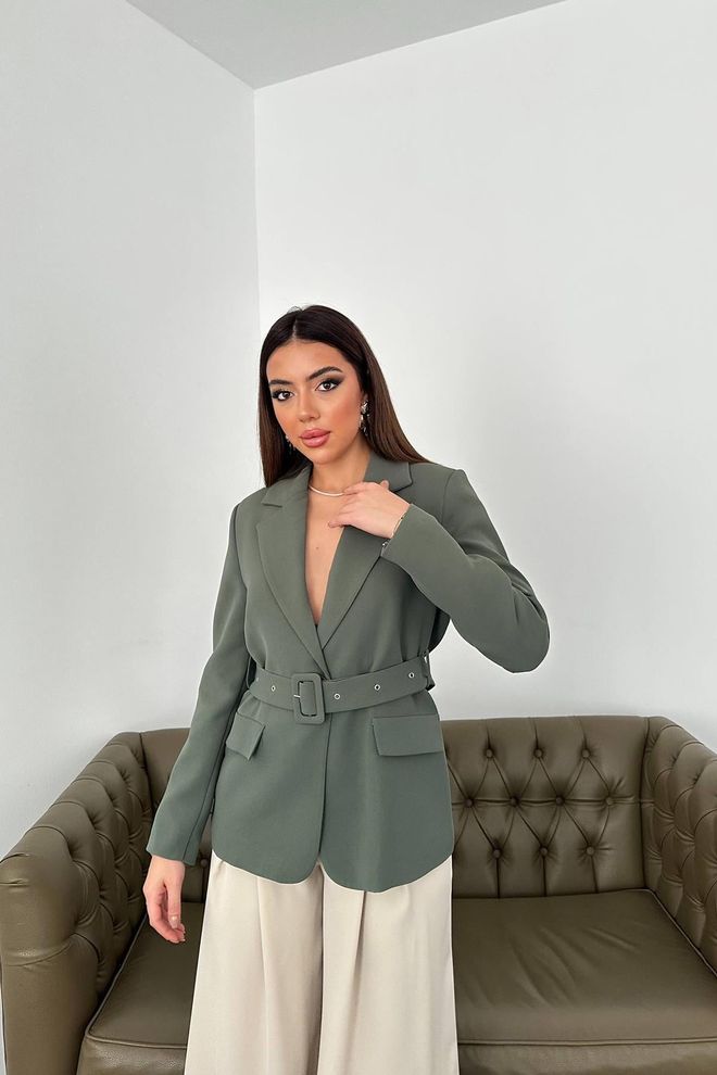 Elisa Jacket With Pocket Flap And Belt Khaki Wholesale Clothing Elegant
