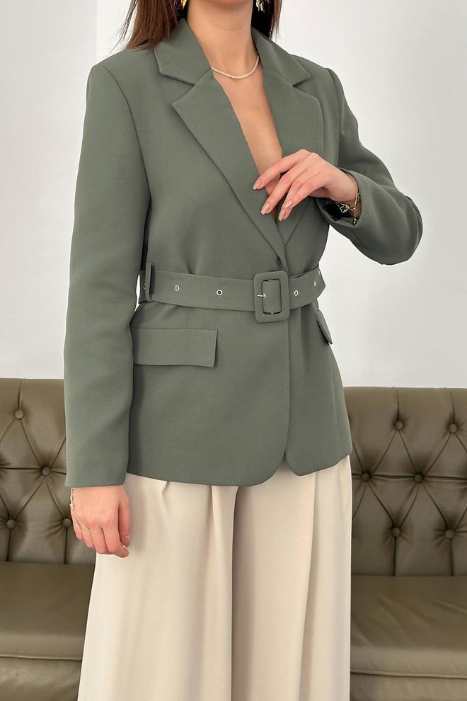 Elisa Jacket With Pocket Flap And Belt Khaki Wholesale Clothing Fall