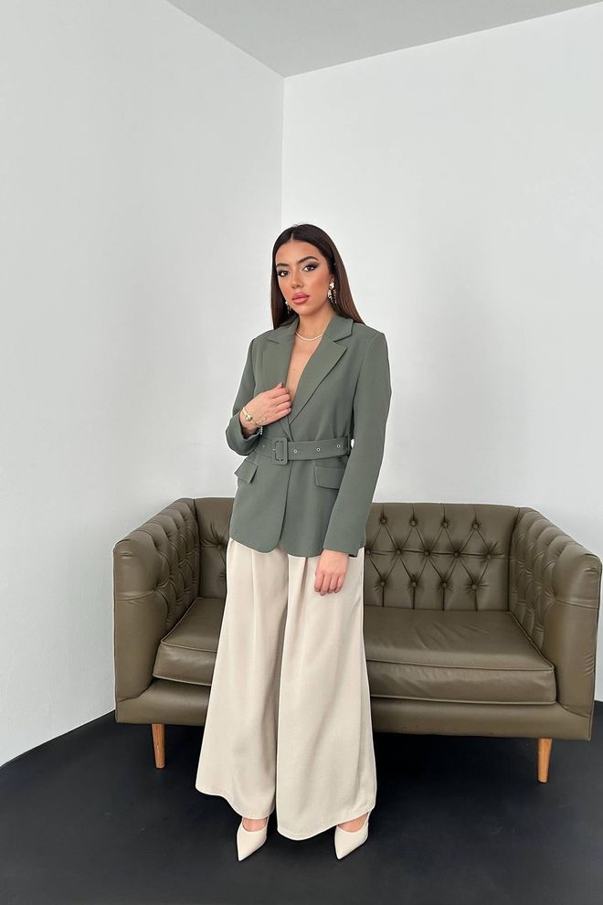 Elisa Jacket With Pocket Flap And Belt Khaki Wholesale Clothing No Fabric